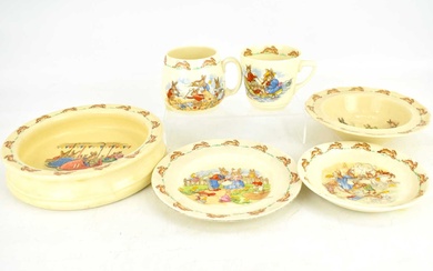 ROYAL DOULTON; six pieces of Barbara Vernon 'Bunnykins' ceramics comprising...