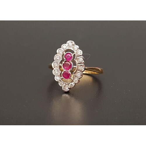 RUBY AND DIAMOND PLAQUE RING the central three rubies in ver...