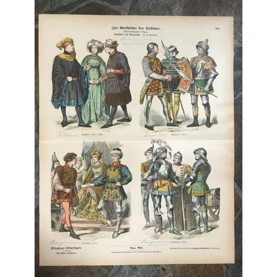 Rare 19thc Handcolored Costume Plates, 15thc Knights