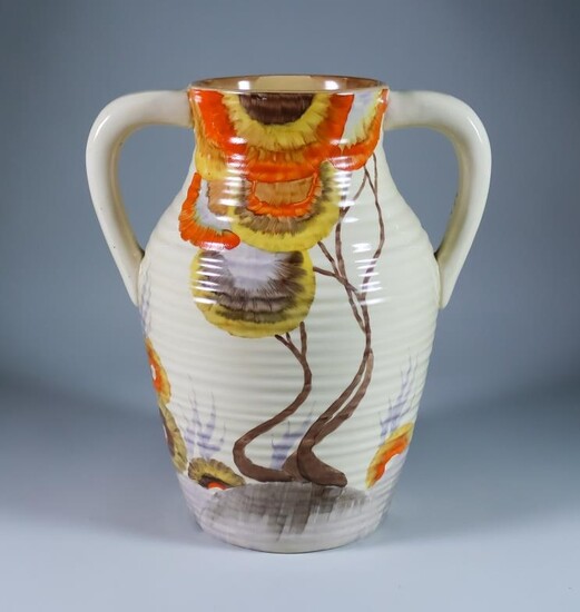 Rhodanthe, a Clarice Cliff Bizarre Twin-Handled Lotus Jug, painted...