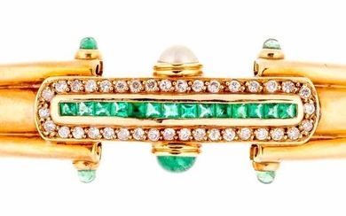 Rigid gold bracelet centered with emeralds and brilliants and shouldered...