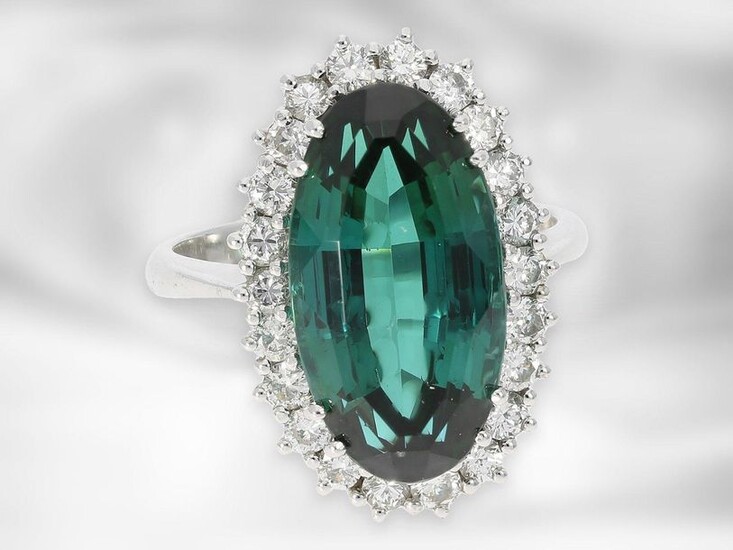 Ring: extremely beautiful vintage brilliant cut diamond / tourmaline goldsmith ring, ca. 10,6ct, handmade from 18K white gold