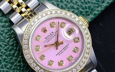 Rolex Ladies Datejust 18Ky Gold Steel Pink Dial Diamond Bezel...