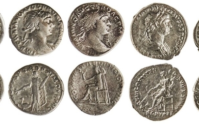 Roman Imperial. Trajan (98-117). Quintet of AR Denarii. Rvs. Dacia Capta, Arabia with camel, Fo...