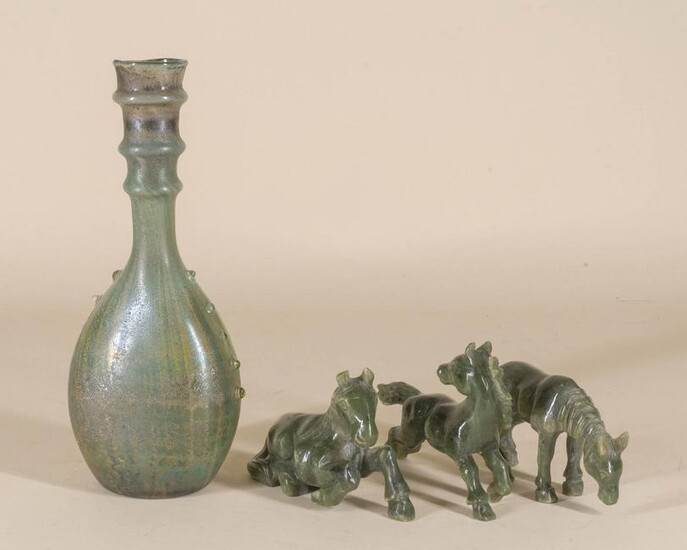 Roman Style Glass Bottle and Three Jade Horses