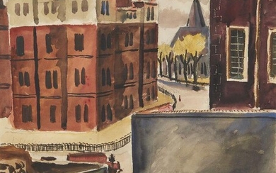 Rowland Suddaby, British 1912–1972 - Tenement Block and Church, Nr. Great Portland Street, 1936; watercolour, signed and dated lower right 'R Suddaby 36', 54.4 x 44.6 cm (ARR) Provenance: Elizabeth Suddaby (the artist's widow); Austin Desmond...