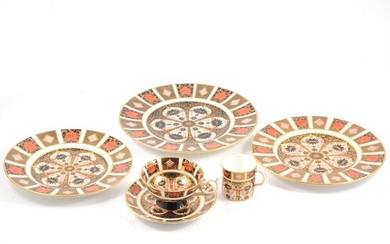 Royal Crown Derby 'Imari' pattern plates, trio, hexagonal vase and lid.