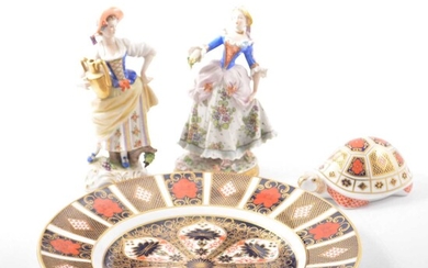 Royal Crown Derby Imari plate, tortoise paperweight and two continental figurines.