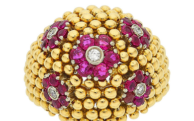 Ruby, Diamond, Gold Ring Stones: Round-cut rubies weighing a...
