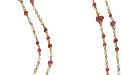 Ruby, Natural Pearl, and Diamond Necklace