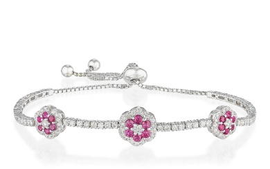Ruby and Diamond Flower Adjustable Bracelet