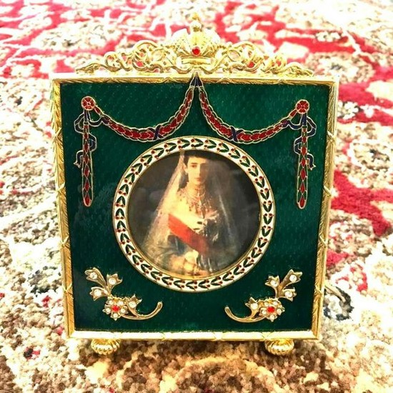Russian Faberge-Style Green Enameled Guilloche