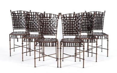 SET OF SIX GIACOMETTI STYLE IRON & LEATHER CHAIRS