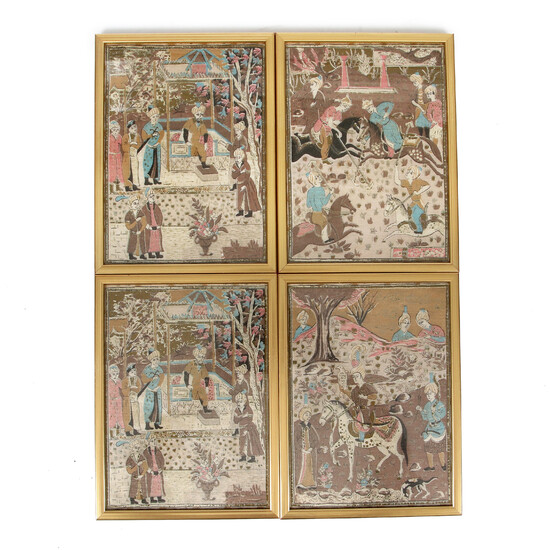 SILK PAINTINGS, 4 pcs., probably India, 1900s.