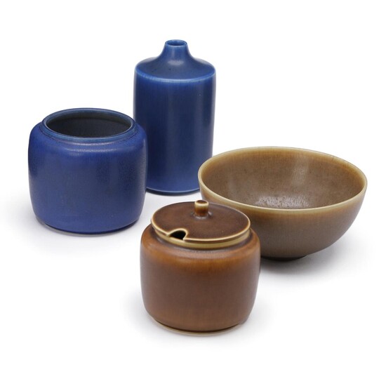 SOLD. Per Linnemann-Schmidt, Palshus: Two stoneware vases, a bowl and a marmelade jar. Decorated with blue and brown glazes. (4) – Bruun Rasmussen Auctioneers of Fine Art