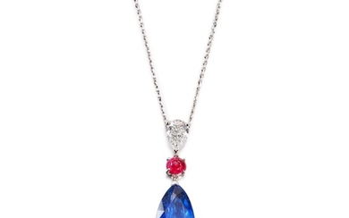 Sapphire, Diamond and Ruby Pendent Necklace | 12.71克拉 天然「緬甸」 藍寶石 配 紅寶石 及 鑽石 項鏈