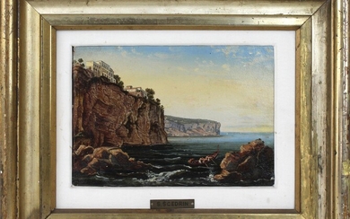 Scorcio di Amalfi, olio su carta riportata su tela, cm 16,5x24, firmato in basso a sinistra, entro cornice, Silvester Schedrin (1791 - 1830)