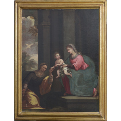 Scuola della fine del secolo XVII - inizio XVIII "Madonna con Bambino e Santa" olio su tela (cm 90x68). In...