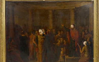 Scuola italiana della fine del XVIII secolo, La predica di S.Paolo, olio su tela, cm 111x151,5, entro cornice del XIX secolo in legno dorato.