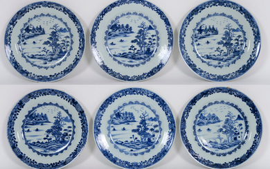 Series of six eighteenth century Chinese in porcelain with blue and white landscape decor with - diameter : 23 cm ||series of six 18th Cent. Chinese plates in porcelain with blue-white landscape decor