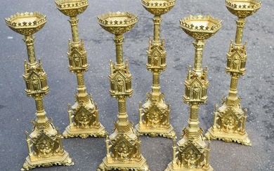 Set of 6 Antique French Gothic Altar Candlesticks + 20
