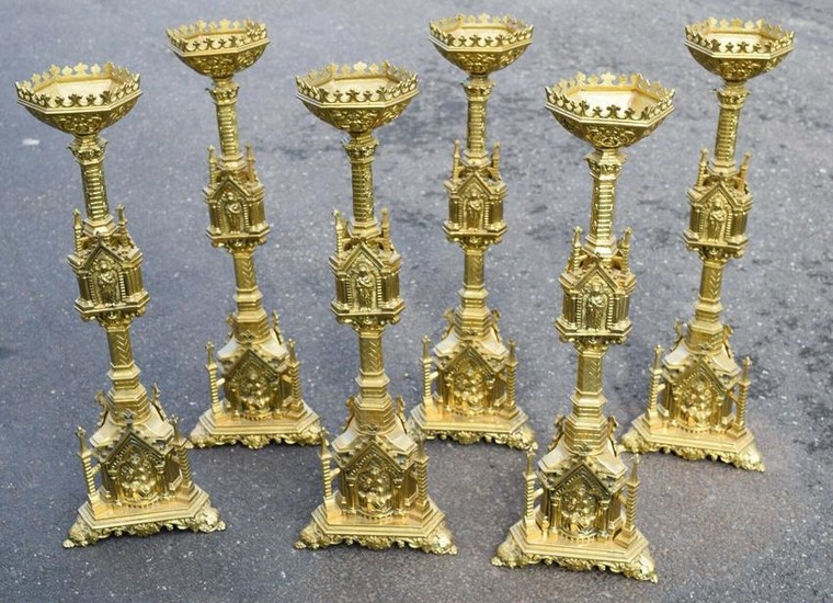 Set of 6 Antique French Gothic Altar Candlesticks + 20
