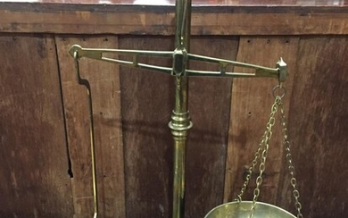 Set of Victorian Brass Counter Top Balance Scales, marked 'Class C', on mahogany plinth (H:60cm)