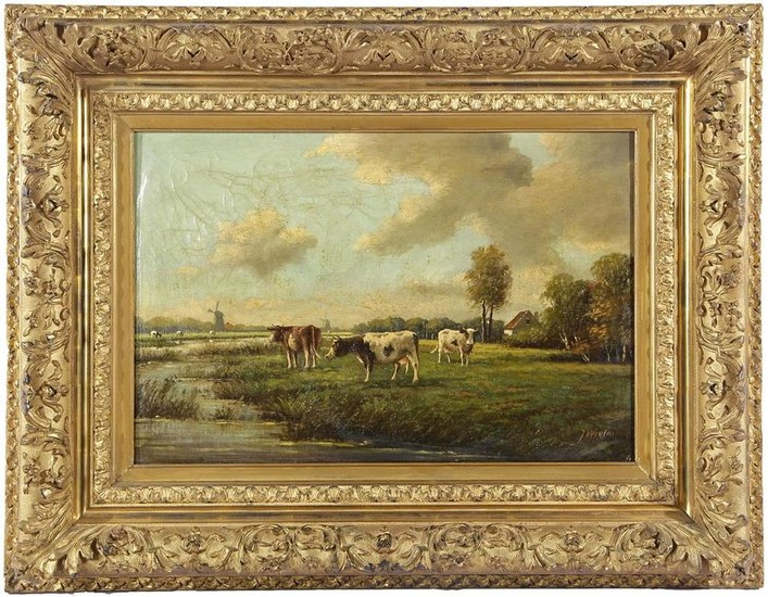 Signed J Wouters, Dutch landscape with cows on the