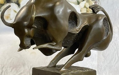 Signed Original Abstract Charging Bull Bronze Sculpture - 10" x 14"