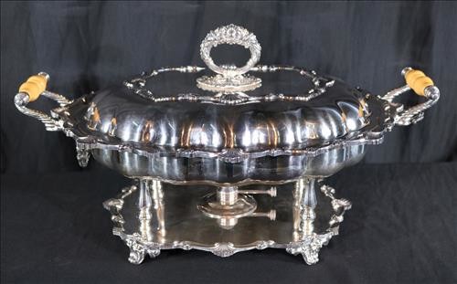 Silver-plate chafing dish, 12 in. T, 20 in. W, 14 in.