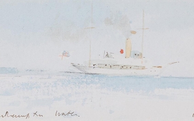 Sir Hugh Casson PRA, British 1910-1999 - Southampton Water; watercolour and pen and black ink on paper, signed with initials and titled lower edge, 5 x 9.2 cm: together with another watercolour by the same artist, 'New University Bahrain', 5 x 12.2...