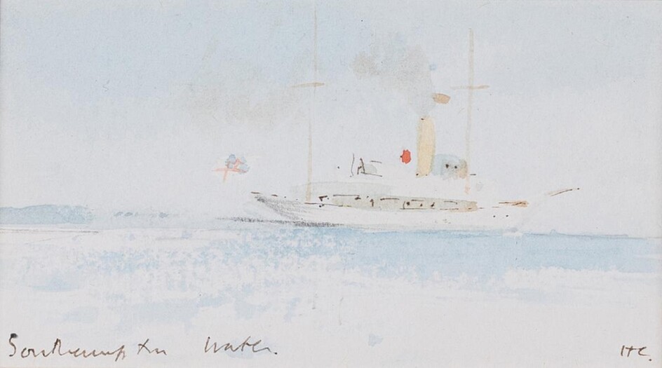 Sir Hugh Casson PRA, British 1910-1999 - Southampton Water; watercolour and pen and black ink on paper, signed with initials and titled lower edge, 5 x 9.2 cm: together with another watercolour by the same artist, 'New University Bahrain', 5 x 12.2...