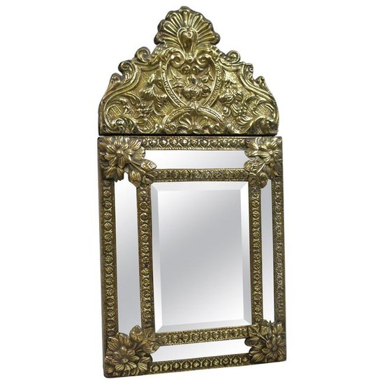 Small 19th Century French Repoussé Brass Cushion Mirror