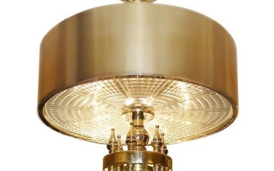 Small Hollywood Regency Style Brass Pendant / Chandelier, Starburst Etched Glass