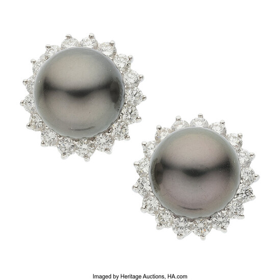 South Sea Cultured Pearl, Diamond, White Gold Earrings Stones:...