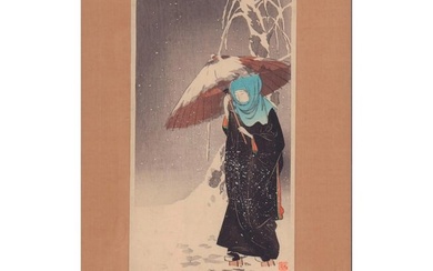 Sozan (Japanese, 1884 - ?) Woodblock Print, Lady in Snow