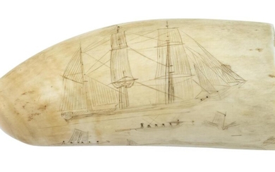 POLYCHROME SCRIMSHAW WHALE'S TOOTH Mid-19th Century Both sides...