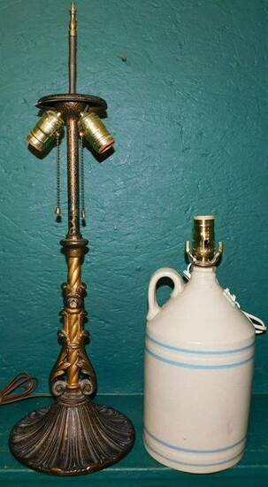 Stoneware Whiskey Jug Made Into Lamp & Metal Lamp