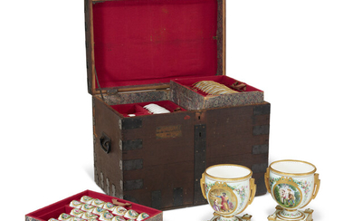 THE 'SHAKESPEARE HEROINES' SERVICE: A COALPORT PORCELAIN SERVICE FROM THE 1871 LONDON INTERNATIONAL EXHIBITION WITH ITS ORIGINAL OAK CHEST DATED 1871, GILT DATED AMPERSAND AND MONOGRAM MARKS, RECORDED AS DESIGNED BY C.J. ROWE, PAINTED BY PALMERE AND...