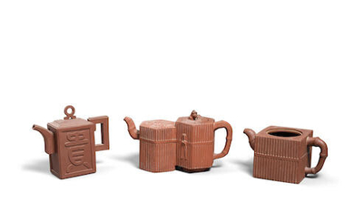 THREE YIXING TEAPOTS AND COVERS