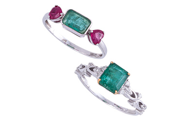 TWO EMERALD AND GEMSTONE DRESS RINGS