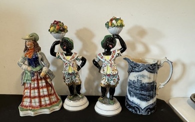 TWO PLASTER ETHNIC FIGURES, A LARGE STAFFORDSHIRE FIGURE, AND A HISTORIC STAFFORDSHIRE PITCHER, 13"
