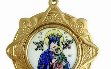 TWO SIDED 14KT GOLD ENAMEL HOLY MOTHER VIRGIN MARY & CHILD MEDALLION PENDANT An Outstanding
