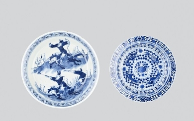 TWO SMALL BLUE AND WHITE GLAZED PORCELAIN DISHES,...