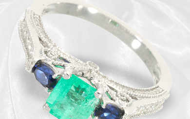 Tasteful and like new designer goldsmith ring with emerald/sapphire and diamond setting, 18K white gold