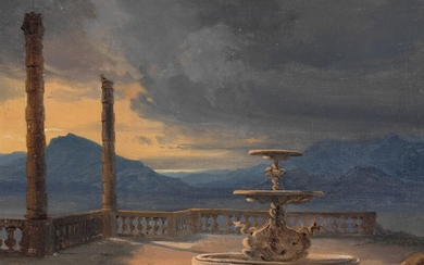 Thorald Læssøe: Fountain on a terrace in an Italian village overlooking the mountains. Unsigned. Oil on canvas. 28×36.