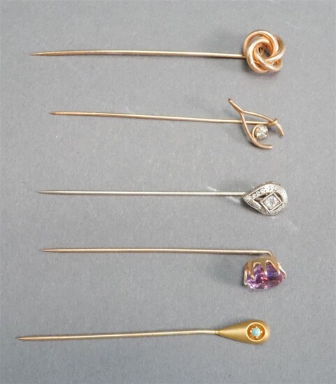 Three 14-Karat Gold Stickpins (3.1 gross dwt), 10-Karat Gold Stickpin (1.3 dwt) and Costume Stickpin
