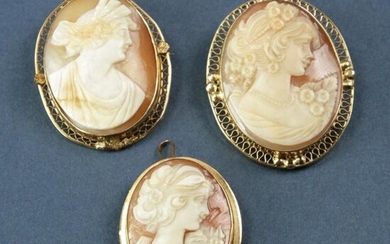 Three Shell Cameos of Women in Yellow Gold Frames