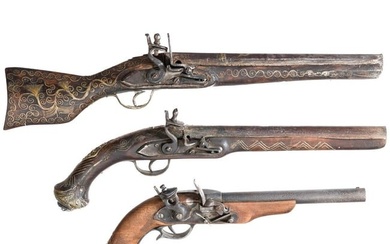 Three Turkish replica flintlock pistols, 20th century