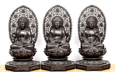 Three carved hardwood buddhas Chinese, late 19th/early 20th Century each...